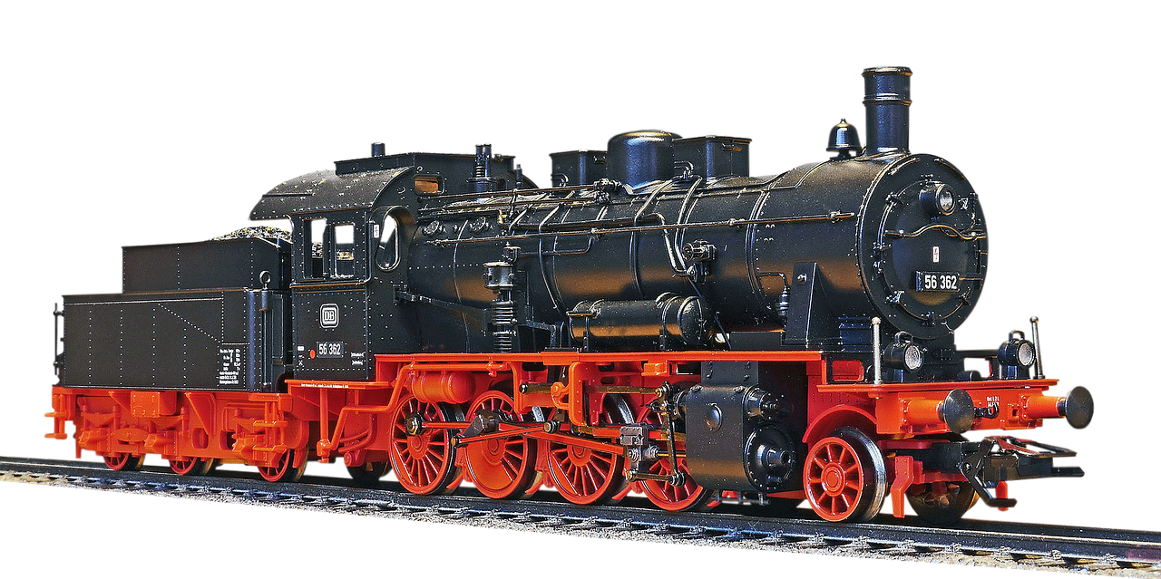 a close up of a train on a train track, a digital rendering, by Jürg Kreienbühl, pixabay, figuration libre, highly detailed model, steam engine, black and orange, side profile view