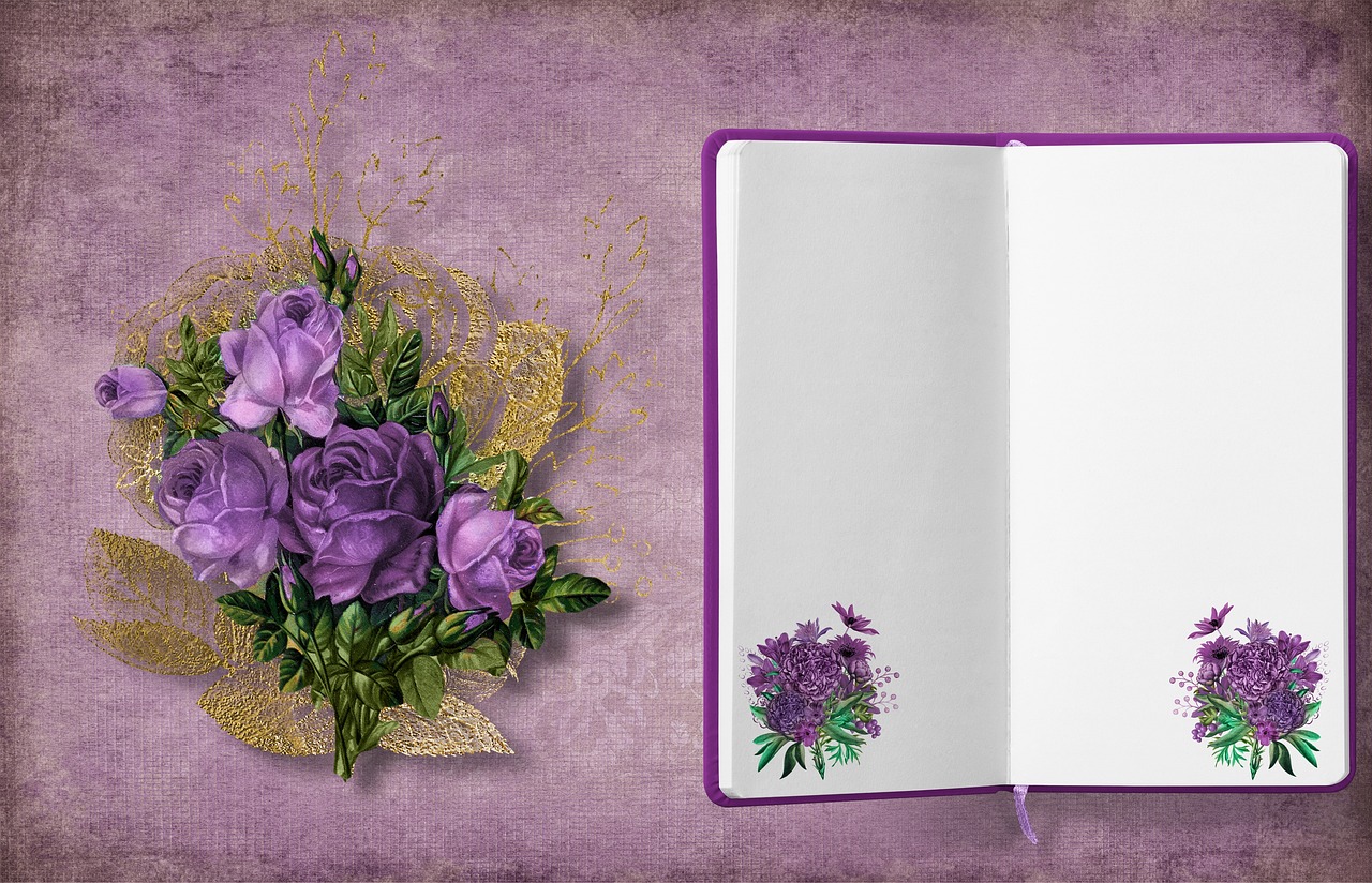 an open book sitting next to a bouquet of purple flowers, trending on pixabay, digital art, scrapbook, rose background, background image, on a notebook page