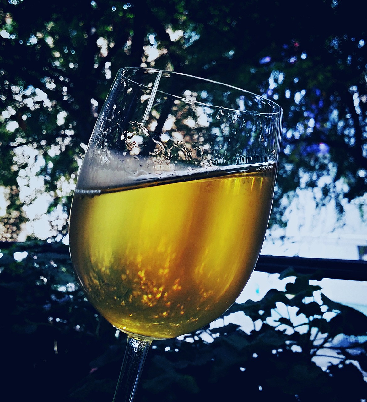 a glass of wine sitting on top of a table, a picture, by Jan Rustem, flickr, surface with beer-texture, garden behind the glasses, 🍸🍋, golden glistening