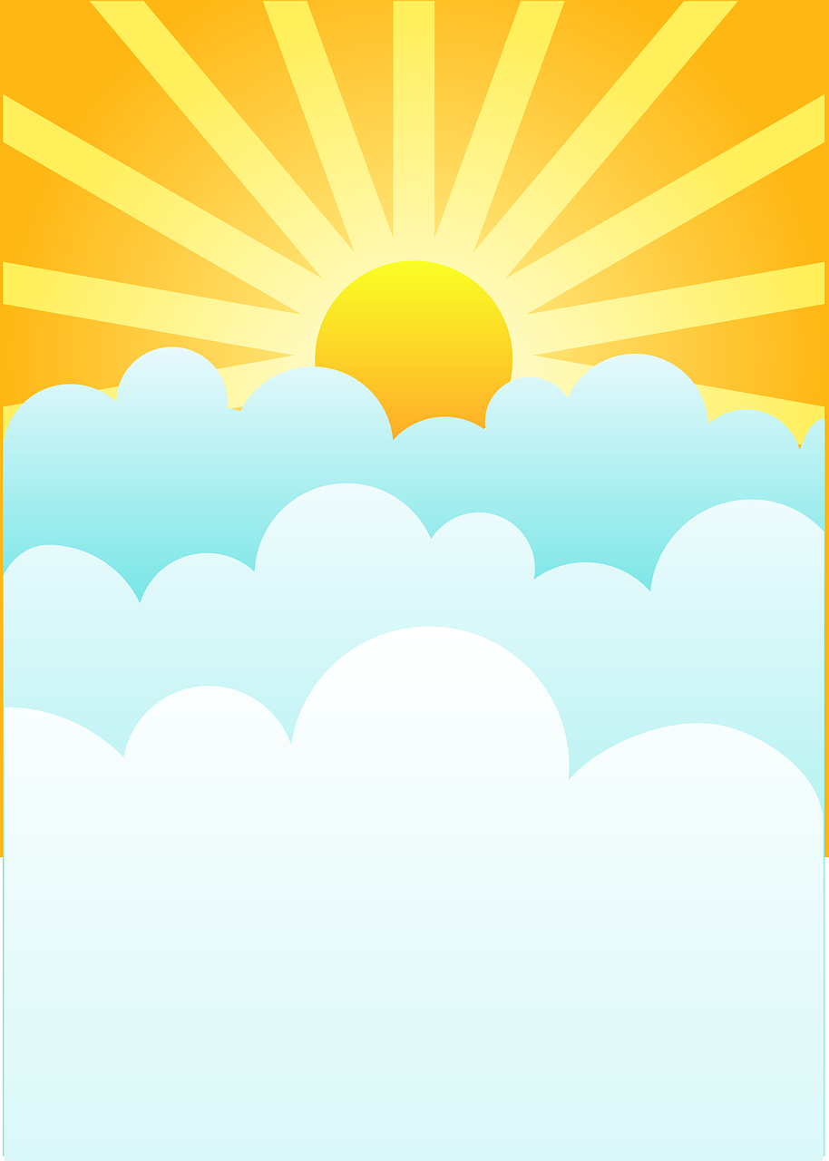 a picture of the sun rising over the clouds, an illustration of, poster ; summer, poster illustration, background yellow and blue, an illustration
