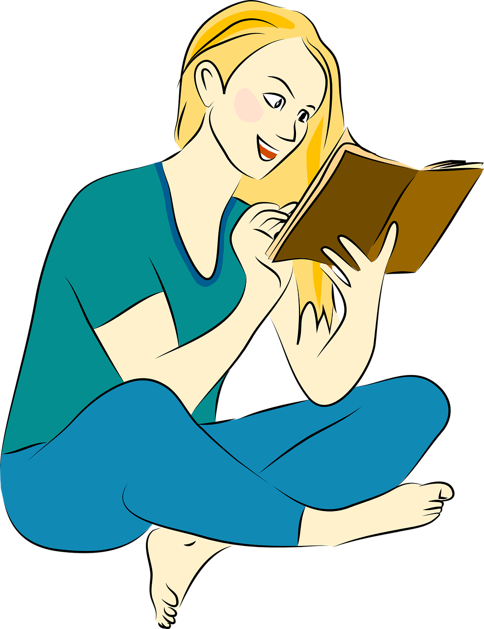 a woman sitting on the ground reading a book, a storybook illustration, pixabay, figuration libre, on a flat color black background, a blond, wikihow illustration, comics illustration
