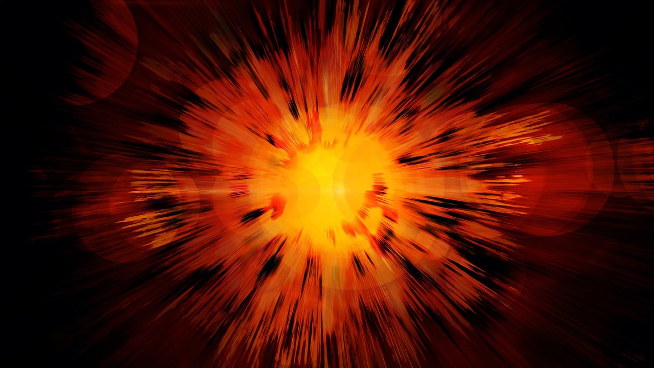 a red and yellow explosion of light on a black background, a stock photo, digital art, nuclear explosion background, high res photo