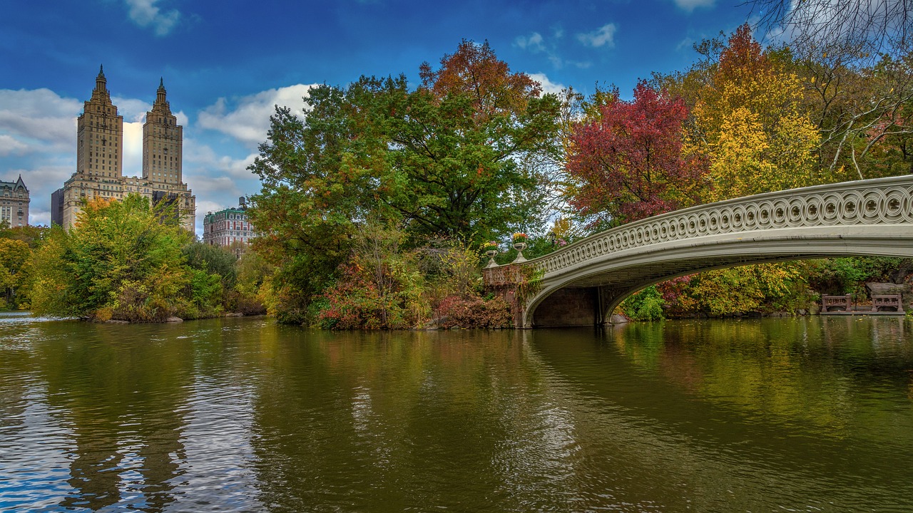 a bridge over a body of water surrounded by trees, a picture, by Dennis Flanders, pixabay, hudson river school, in a city with a rich history, curved trees, polarizer, with an intricate