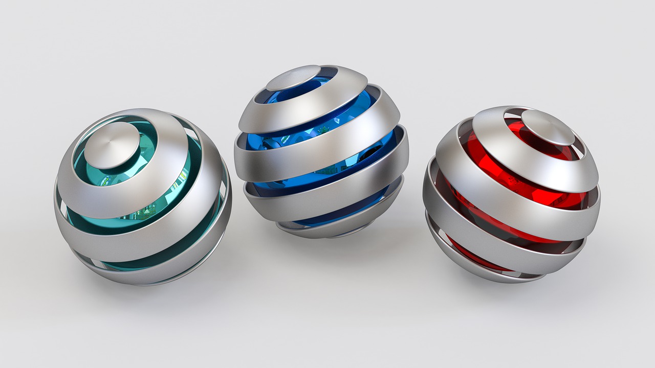 a group of three metal balls sitting next to each other, a 3D render, trending on polycount, digital art, teal silver red, aluminium, 3d asset, various colors