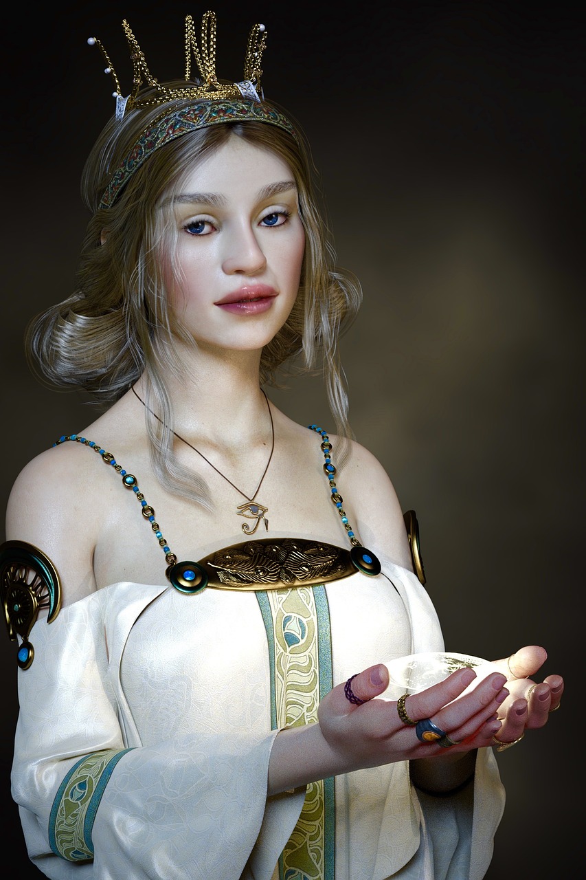 a woman in a white dress with a crown on her head, a character portrait, inspired by Master of the Legend of Saint Lucy, trending on cg society, daz3d, cory chase as an atlantean, wearing an old tunic, porcelain highlighted skin