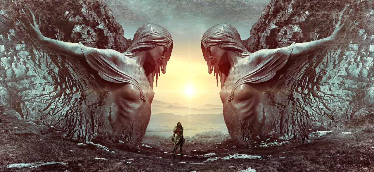 a man standing in front of two angel statues, concept art, inspired by Grzegorz Domaradzki, in the art style of filip hodas, mobile wallpaper, elden ring art, cover art