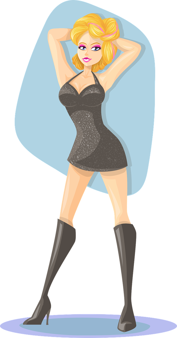 a woman in a black dress and knee high boots, a digital rendering, inspired by Tex Avery, deviantart contest winner, glitter gif, looking hot, vectorized, looks like britney spears