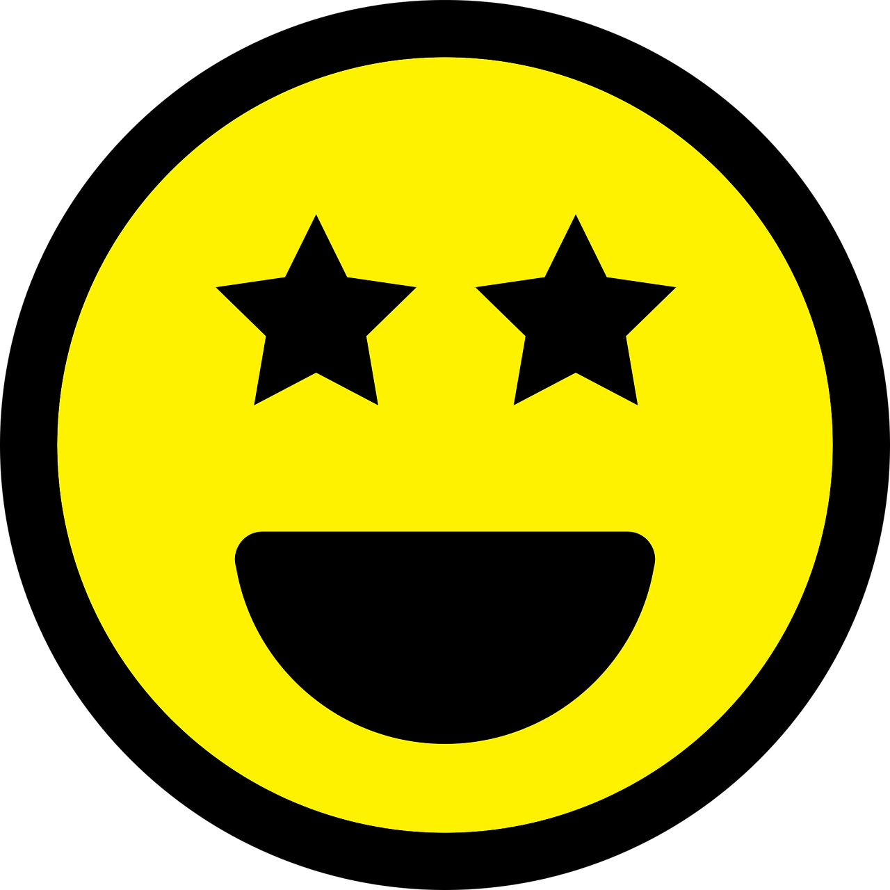 a smiley face with three stars on it, mingei, on a flat color black background, extreme emotion, symmetical face, yellow