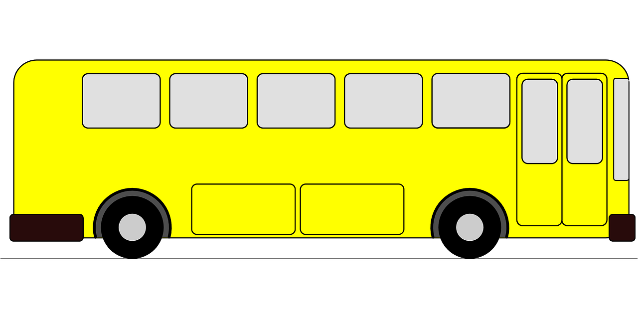 a yellow school bus on a white background, trending on pixabay, computer art, yellow and black color scheme, on black background, 2 people, from side