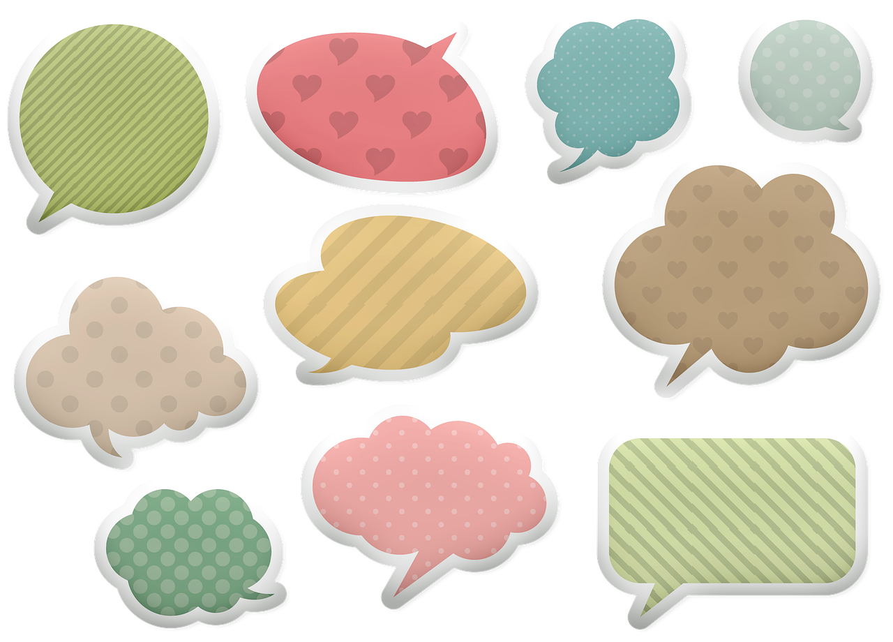 a set of speech bubbles on a white background, by Nishida Shun'ei, scrapbook paper collage, in retro colors, promo image, puffy