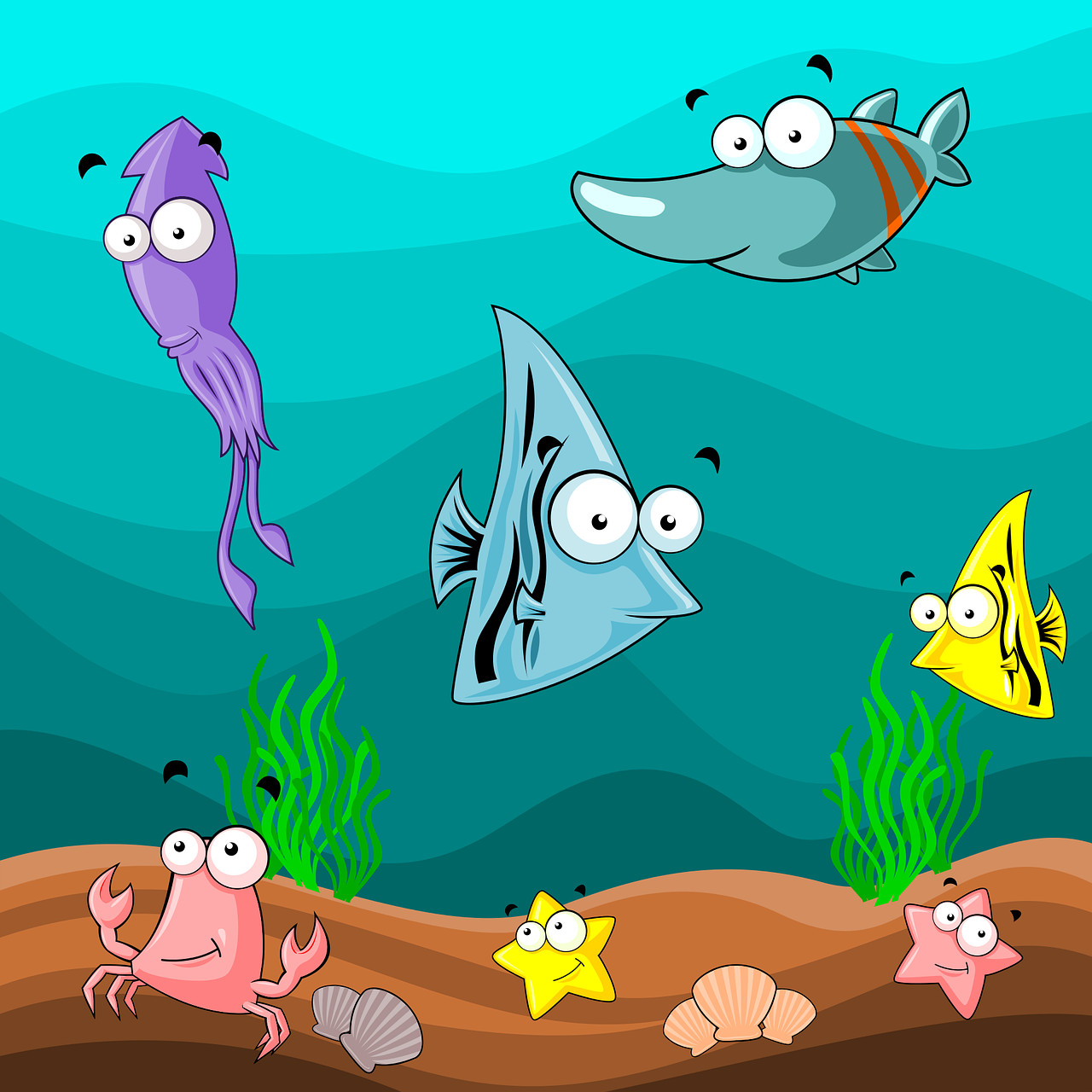 a group of cartoon fish swimming in the ocean, naive art, vector illustration, nitid and detailed background, illustration, seafloor