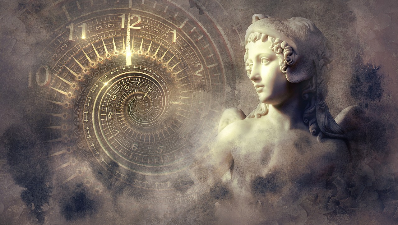 a statue of a woman with a clock in the background, digital art, trending on pixabay, neoclassicism, sacred fractal structures, venus goddess, esoteric equation heaven, tribal ancient imagery