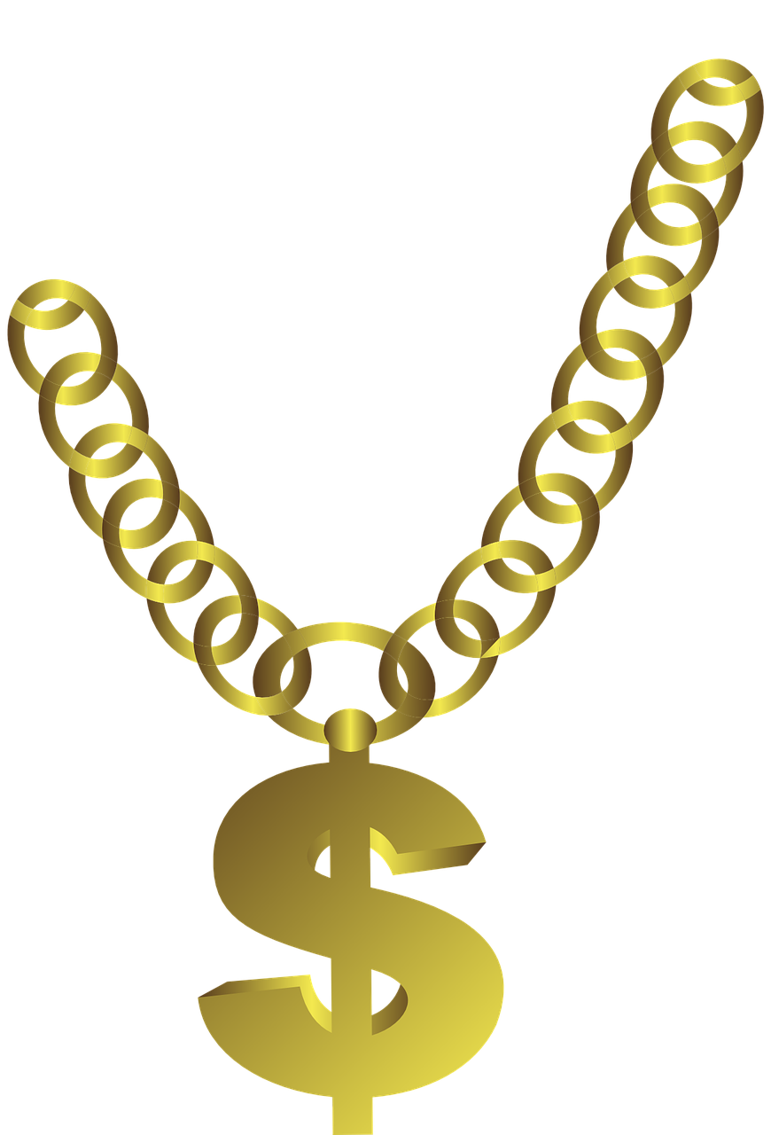 a gold chain with a dollar sign on it, by Susan Heidi, deviantart, hurufiyya, stylized stl, gangster, neck rings, in style of col price