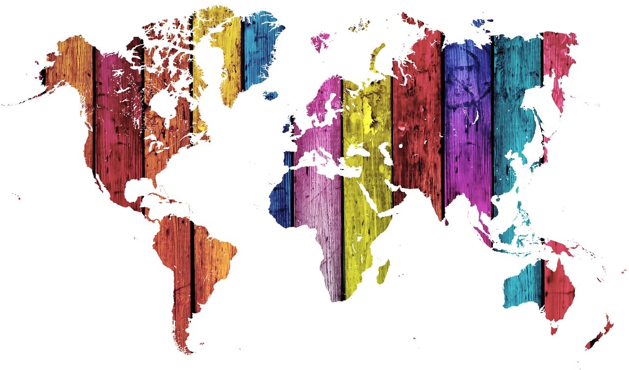 a map of the world painted on wood, a digital rendering, by Sam Dillemans, pexels, regionalism, ( ( ( rainbow ) ) ), lesbians, panels, white