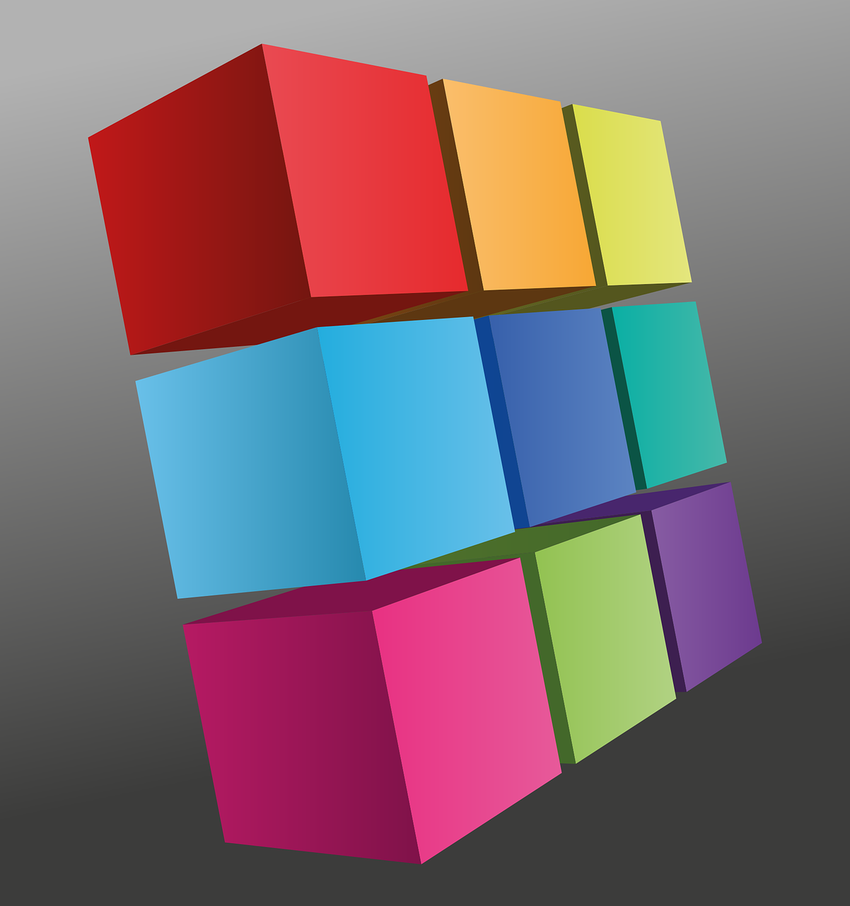 a bunch of colorful cubes stacked on top of each other, a computer rendering, polycount, illustrator vector graphics, on a gray background, panels, set photo