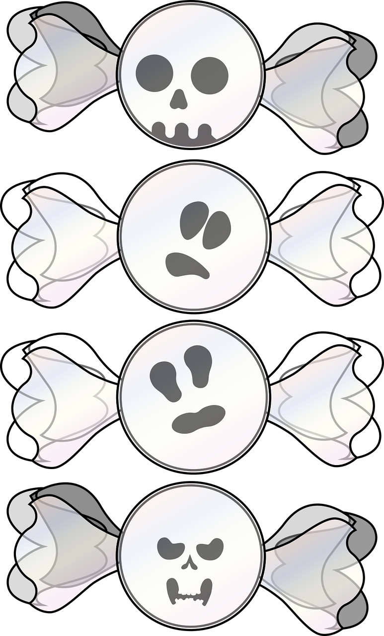 a group of ghost heads on a black background, by Murakami, pixabay, sōsaku hanga, candies, transparent background, white ribbon, three fourths view