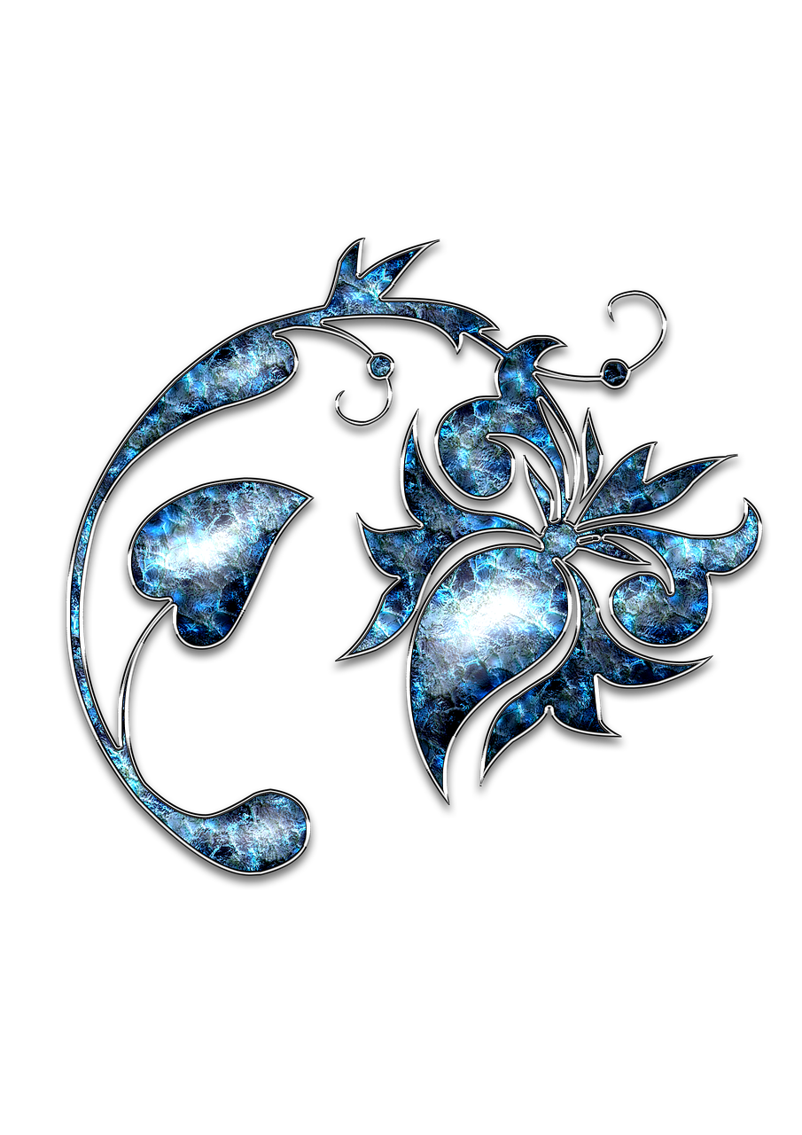 a close up of a flower on a black background, art nouveau, blue image, glittering multiversal ornaments, sickle, a beautiful artwork illustration