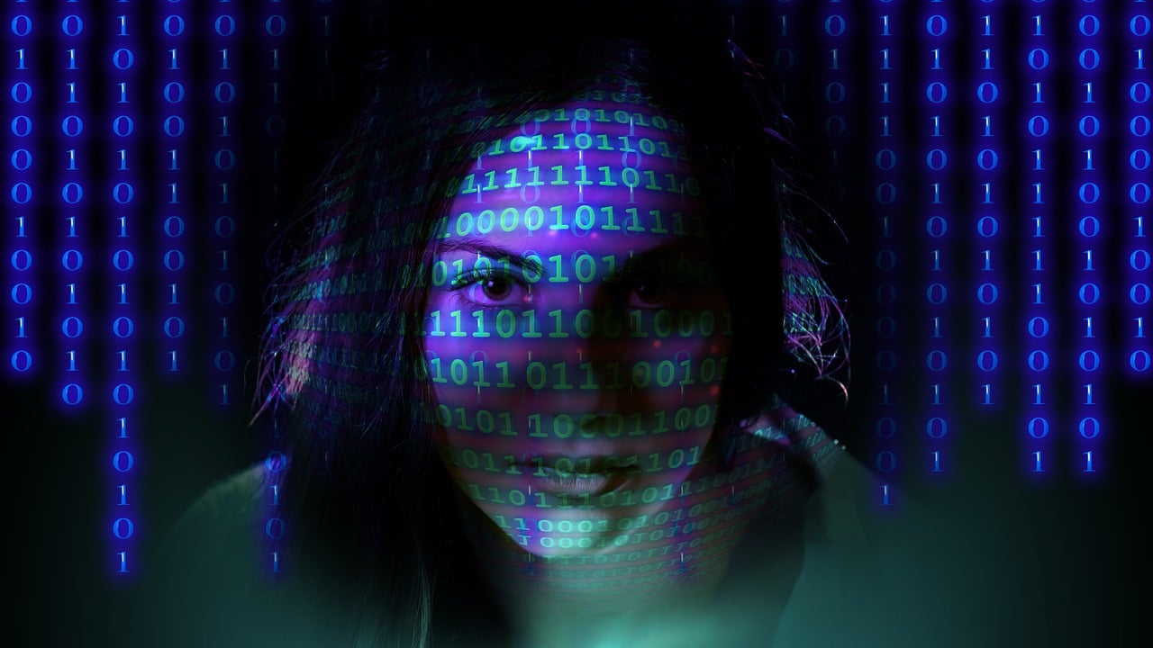 a close up of a person with a cell phone, digital art, by Jeanna bauck, pixabay, digital art, matrix code, crazy hacker girl, backlit face, in front of a computer