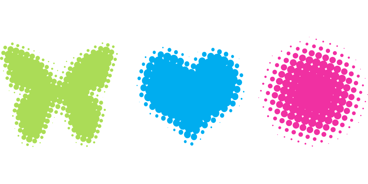 three different colored hearts on a black background, vector art, deviantart, pixel art, varying dots, avatar image, cyan colors, header