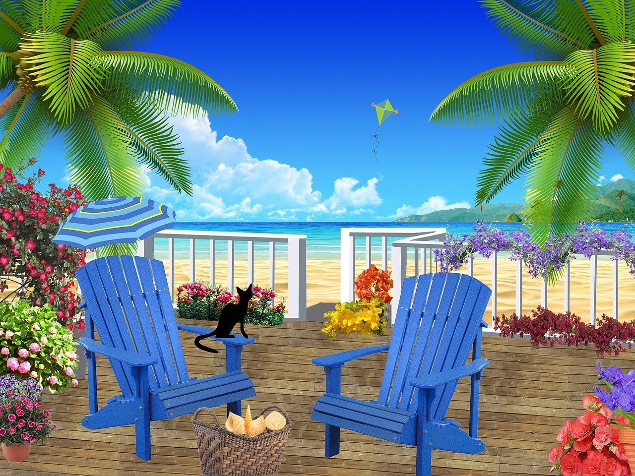 a black cat sitting on top of a wooden deck, a digital rendering, naive art, tropical beach paradise, two plastic chair behind a table, beautiful wallpaper, miami. illustration