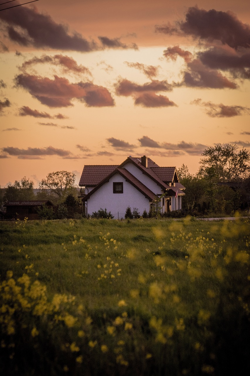 a white house sitting on top of a lush green field, a picture, by Sebastian Spreng, shutterstock, modernism, sunset warm spring, flowery cottage, 7 0 mm photo, evening ambience