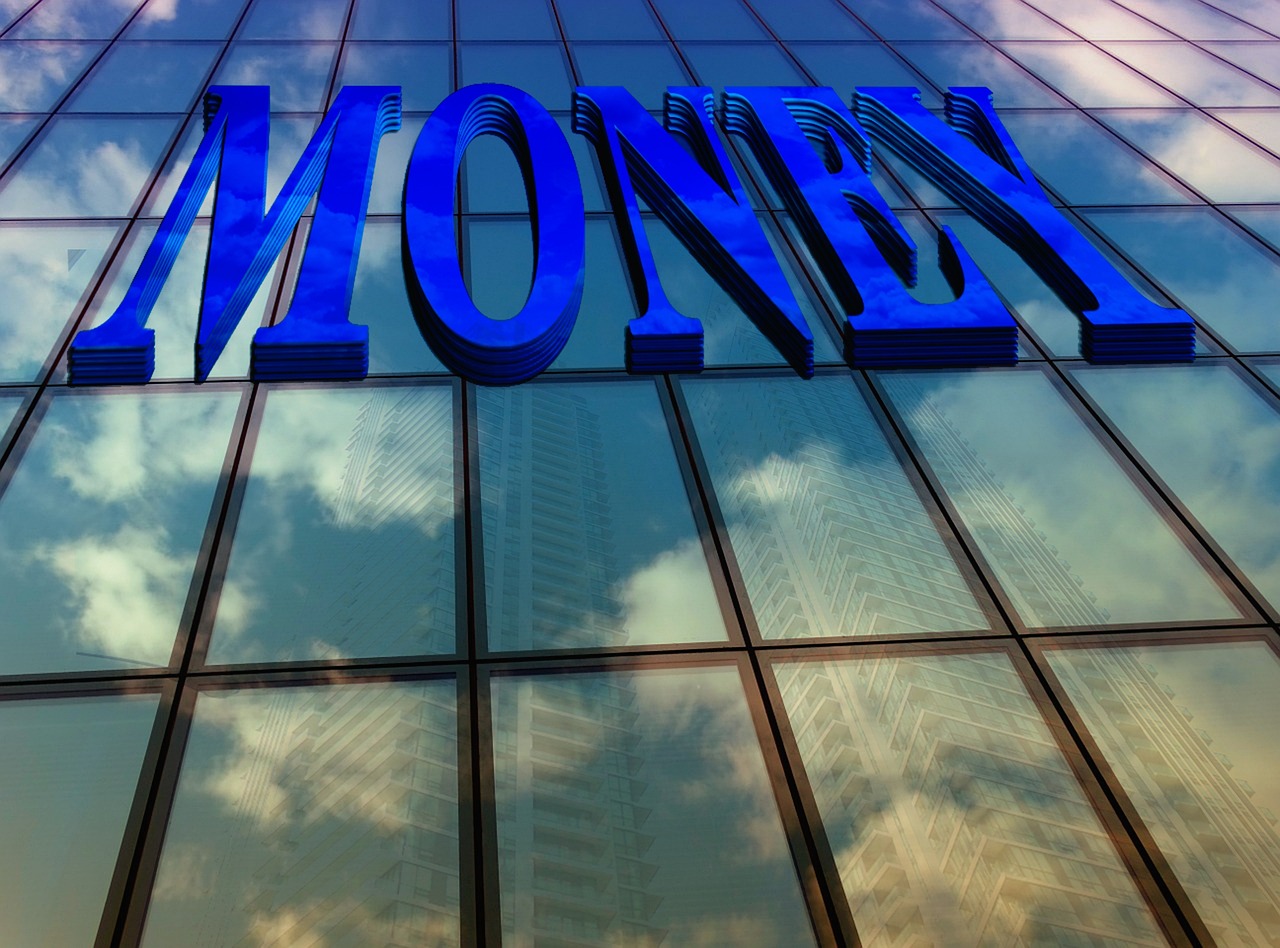 a sign that is on the side of a building, a digital rendering, by Bernard Meninsky, pixabay, money, extreme low angle shot, more reflection, blue realistic 3 d render