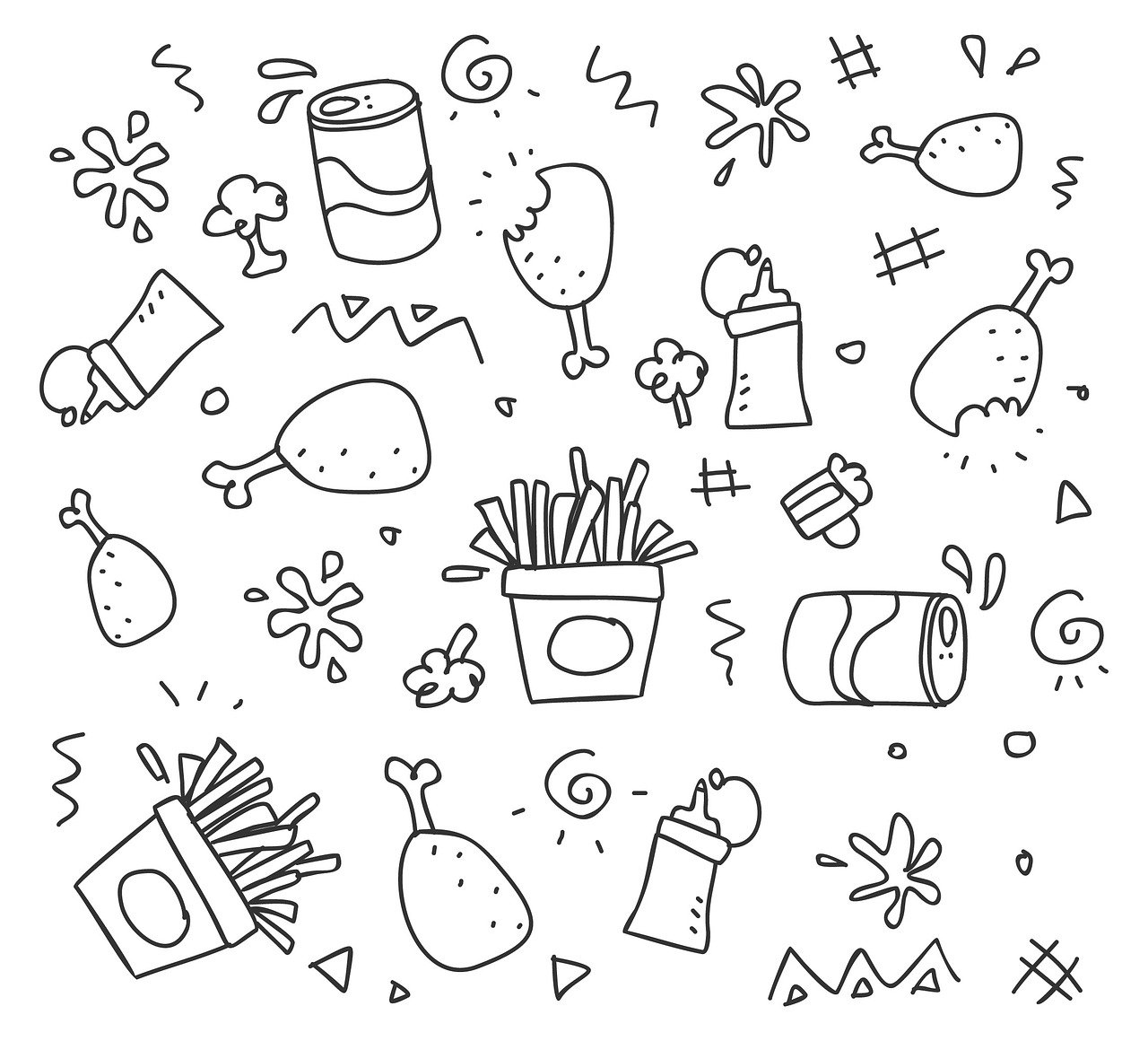 a black and white drawing of food and drinks, lineart, inspired by Pia Fries, graffiti, french fry pattern ambience, children\'s illustration, cartoon style illustration, 6 k