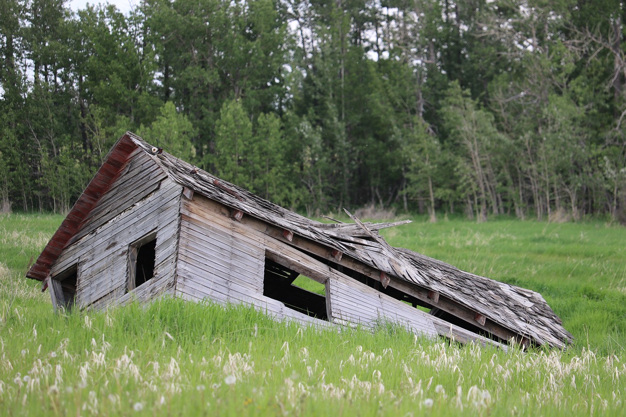 an old barn sitting in the middle of a field, a picture, by Brigette Barrager, collapsed ceiling, file photo, istock, collapsed floors