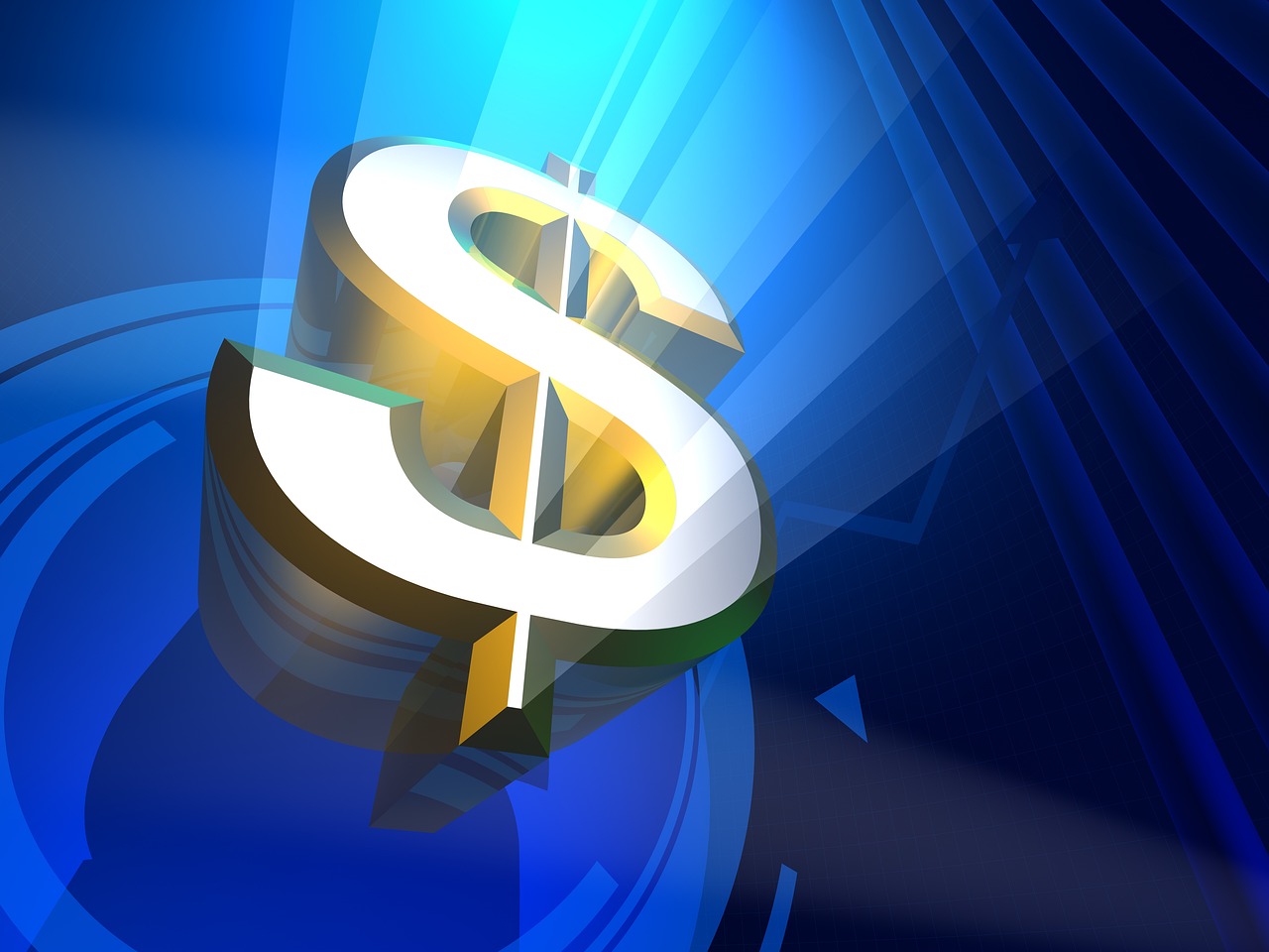a golden dollar sign on a blue background, a digital rendering, by Dan Christensen, istockphoto, blue rays from tv, _3d-terms_, graphics $ 9 9 call now