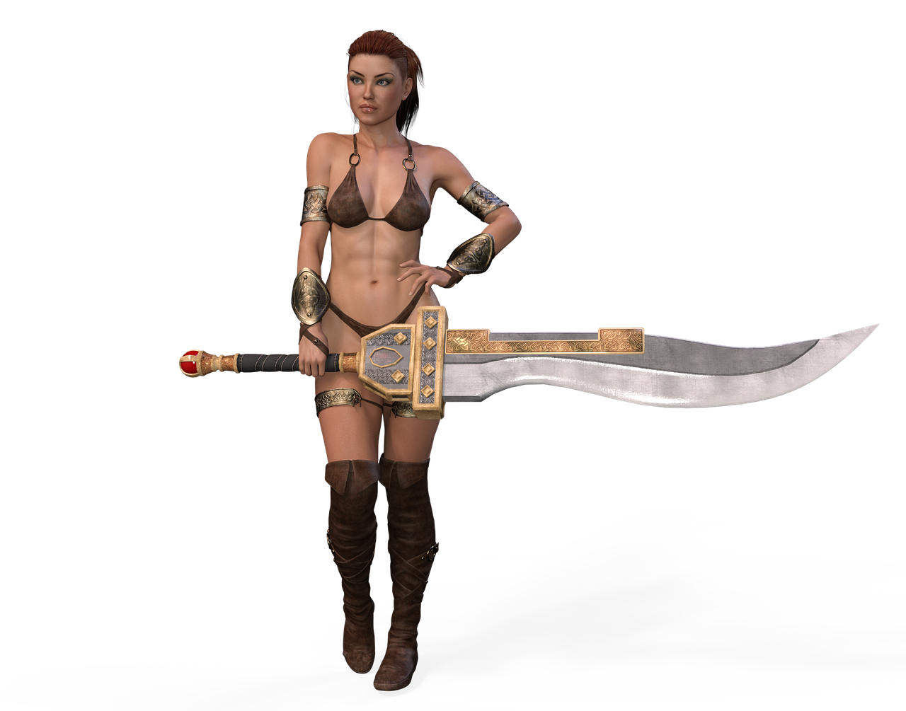 a woman in a bikini holding a sword, concept art, 3 d render of a full female body, full body and head shot, bronze skinned, full body with costume