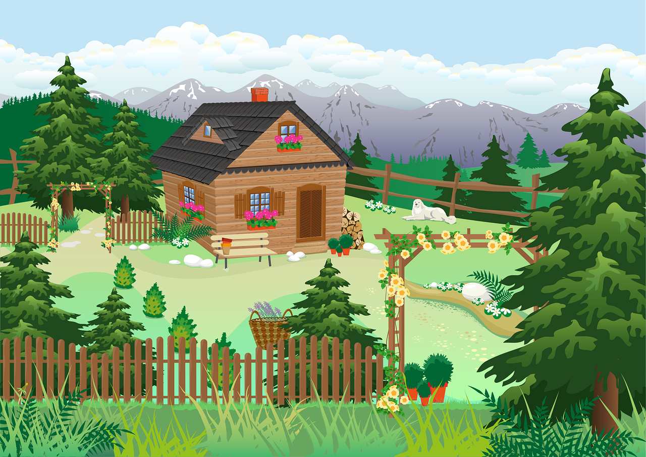 a small wooden house sitting in the middle of a lush green field, an illustration of, alpine landscape with a cottage, with colorful flowers and plants, detailed fences and stone walls, log houses built on hills