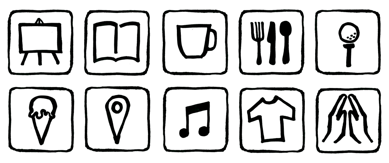 a black and white drawing of utensils and spoons, a digital rendering, inspired by Masamitsu Ōta, flickr, ascii art, chalkboard, app icon, squares, neon outline