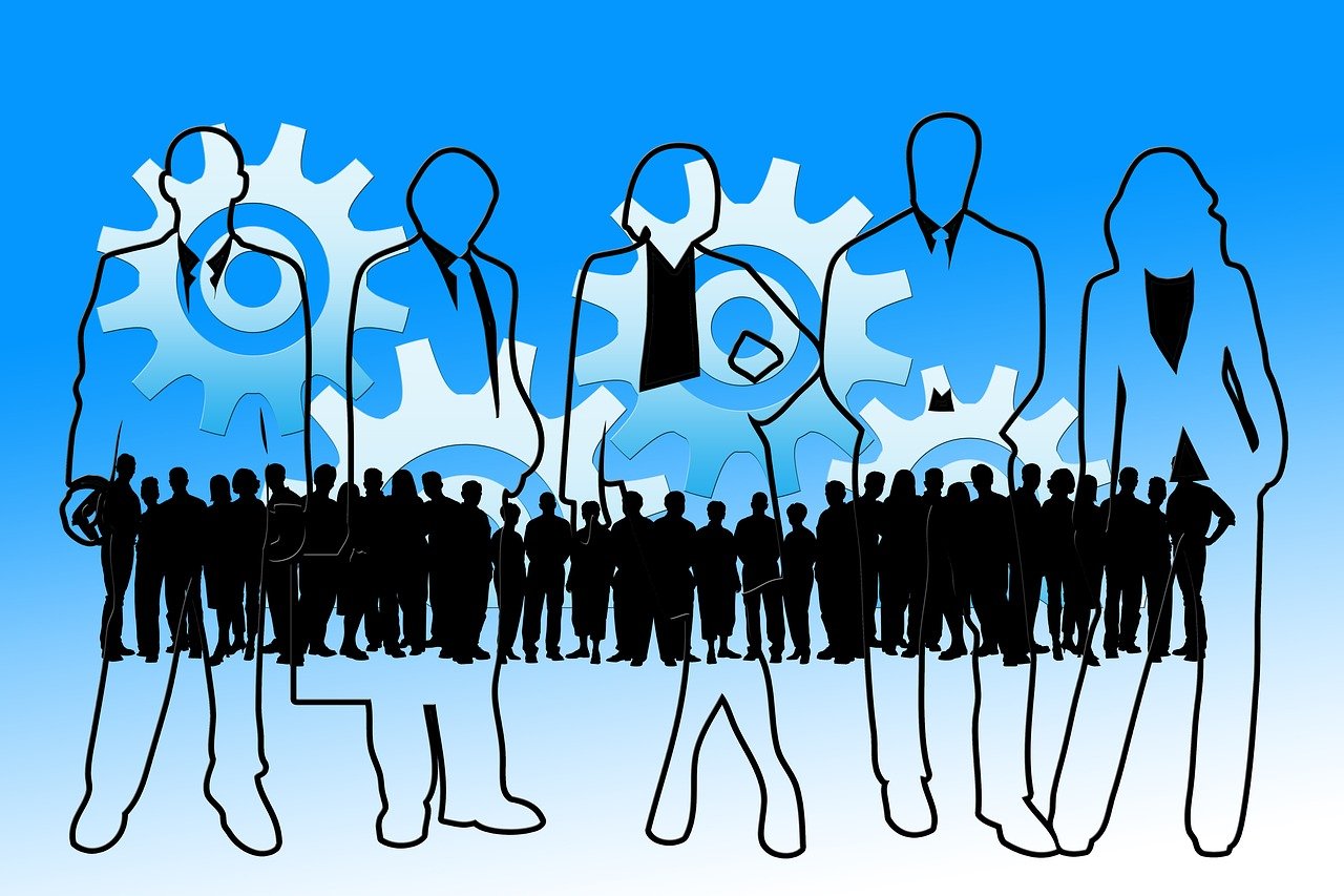a group of people standing next to each other, a cartoon, by Mirko Rački, trending on pixabay, gears, blue print, outlined silhouettes, very busy place
