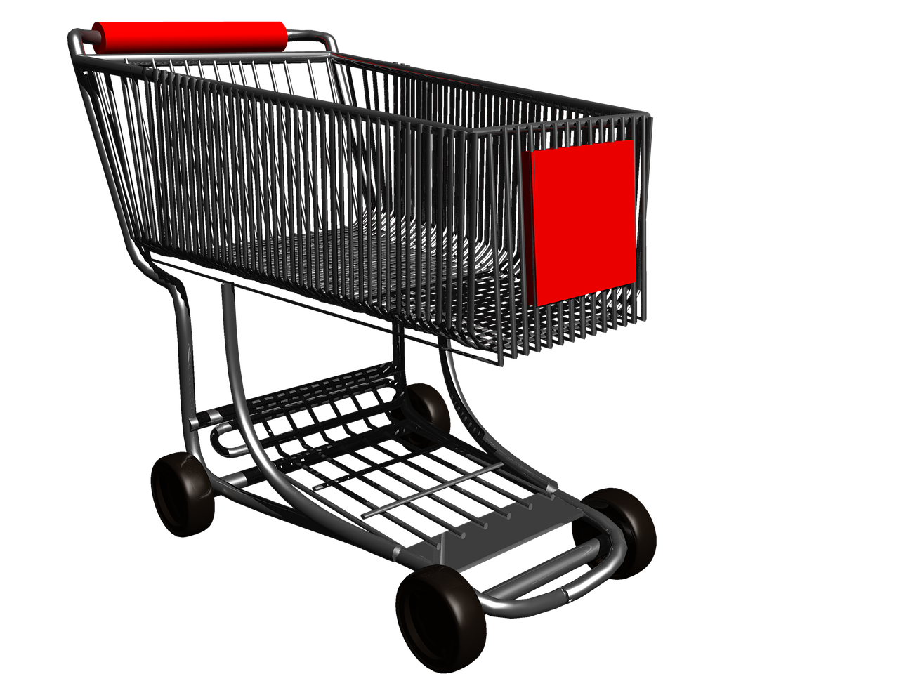 a close up of a shopping cart on a black background, a raytraced image, flickr, red shift render, rendered with blender, 2 d cg, complex scene