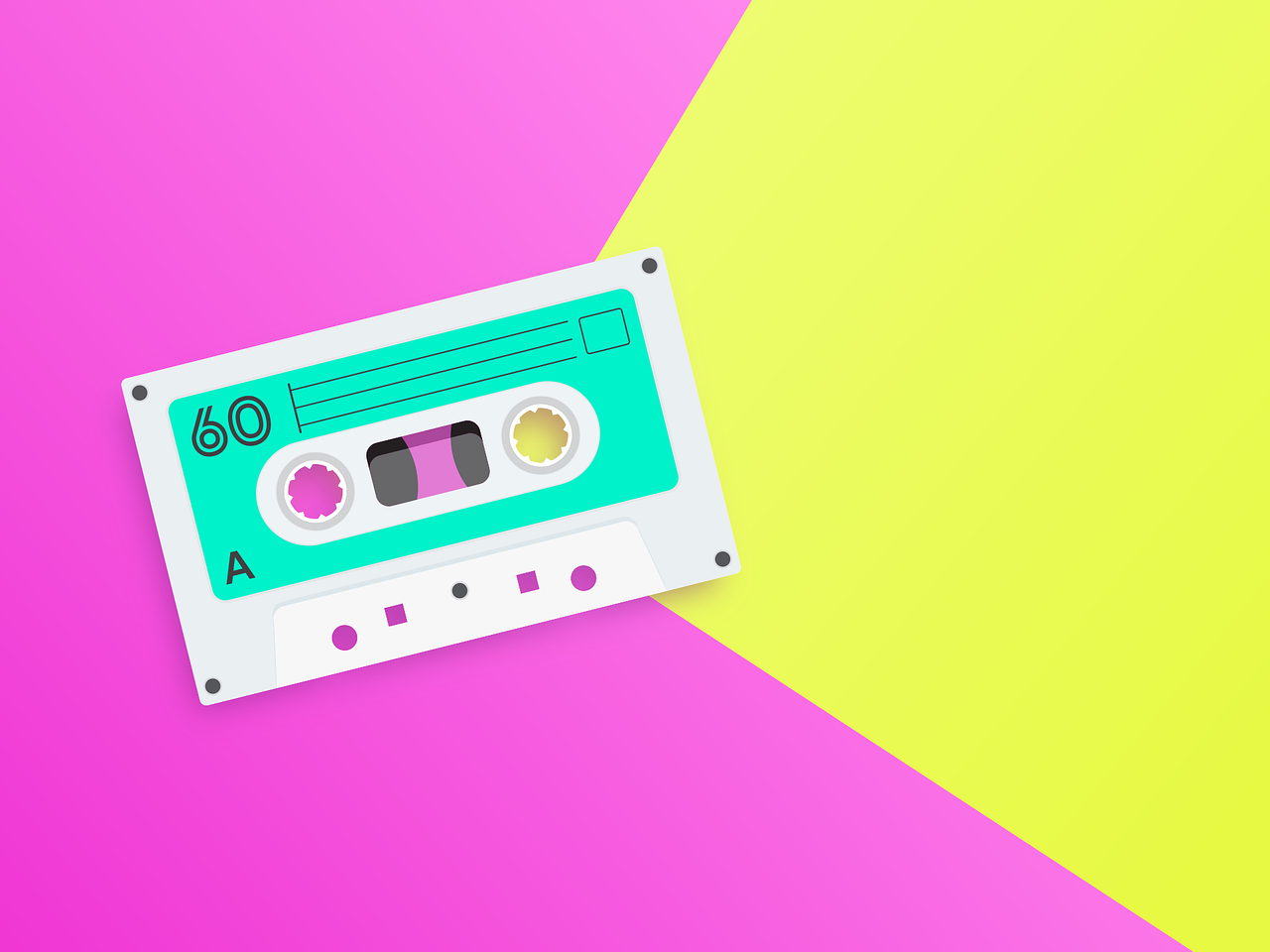 a close up of a cassette on a pink and yellow background, vector art, pink white turquoise, low polygons illustration, concert poster retro, colorful palette illustration