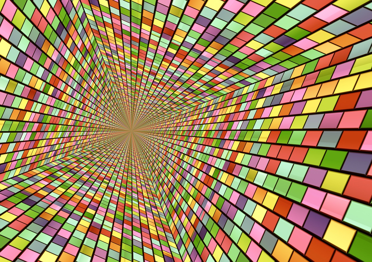a computer generated image of multicolored squares, a screenshot, abstract illusionism, pulled into the spiral vortex, vector background, point perspective, colorful glass wall