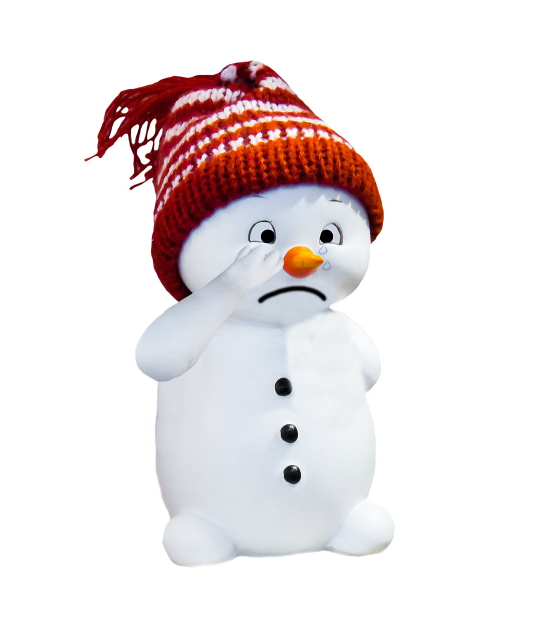 a close up of a snowman with a hat on, inspired by Olaf Rude, pexels, figuration libre, depressed sad expression, avatar image, crying, phone photo