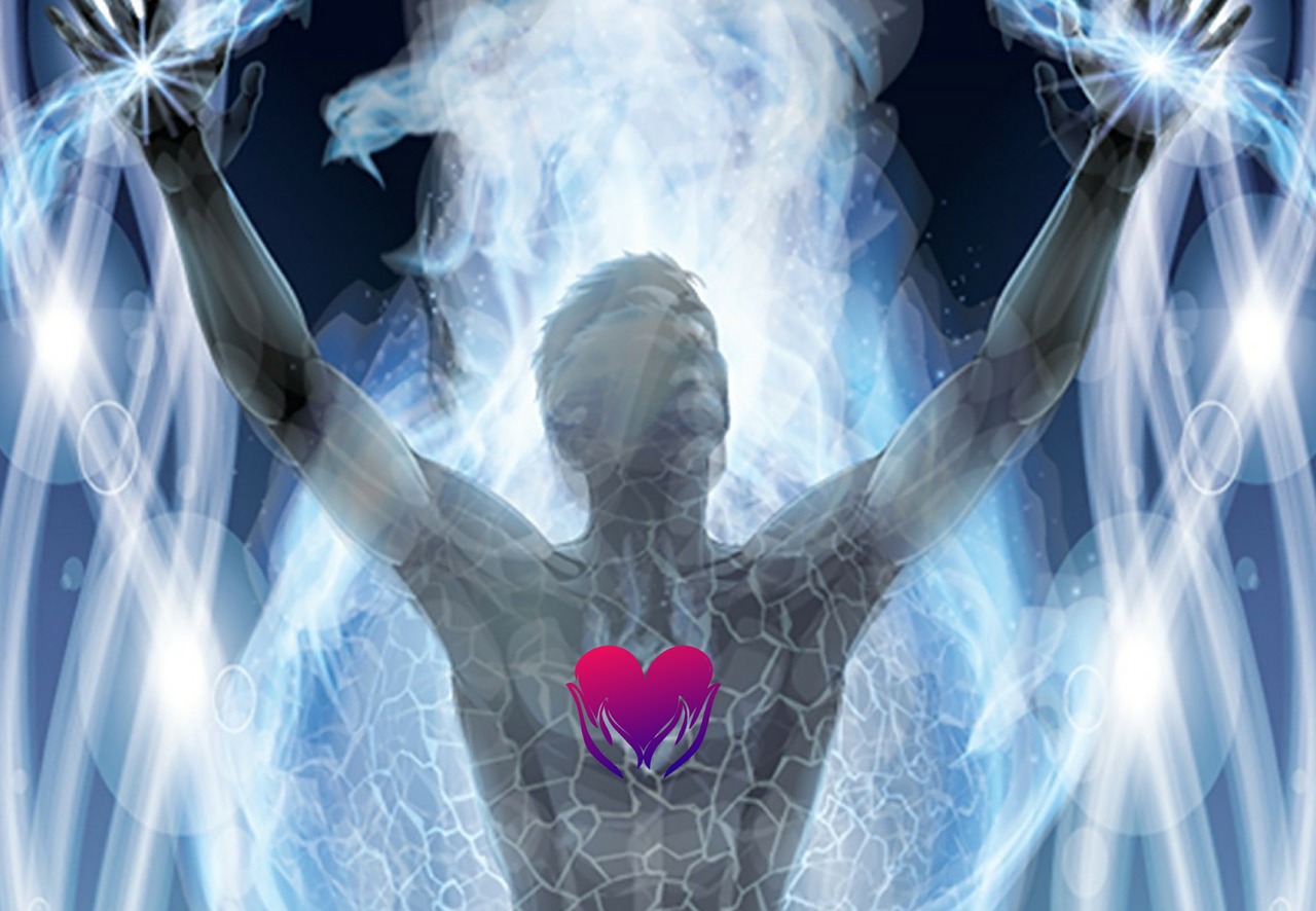 a man with wings and a heart in his hands, a digital rendering, metaphysical painting, body full glowing vacuum tubes, kundalini energy, man with a blue heart, promo image