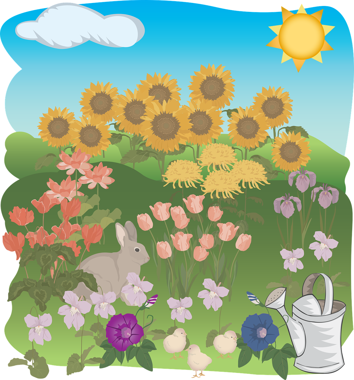 a garden filled with lots of flowers and animals, a digital rendering, by Susan Heidi, clip-art, very sunny, whole page illustration, simple illustration