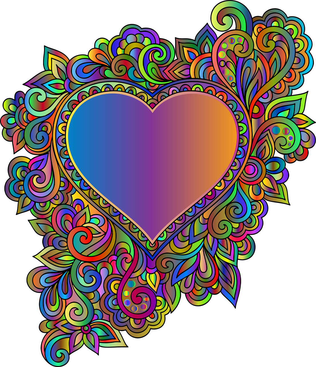 a colorful heart on a black background, psychedelic art, ornate borders + concept art, created in adobe illustrator, with gradients, doodle hand drawn
