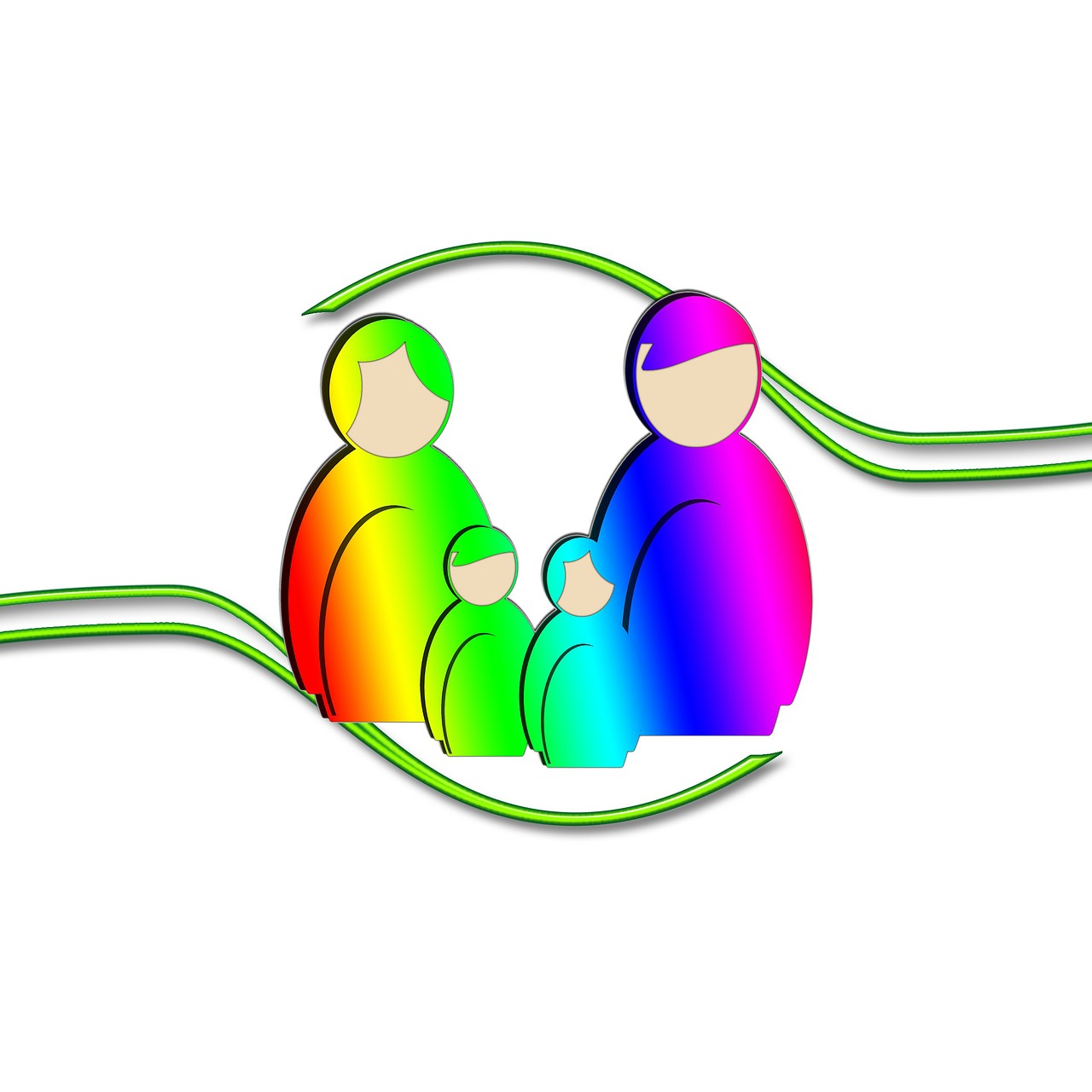 a couple of people sitting next to each other, a digital rendering, by Tom Carapic, trending on pixabay, rainbow tubing, father with child, husband wife and son, a green