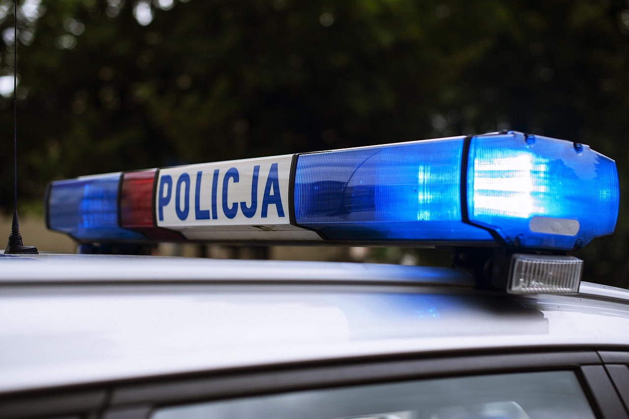 a police light on top of a police car, by Zoltán Joó, shutterstock, panorama, detailed zoom photo, polish, subtitles