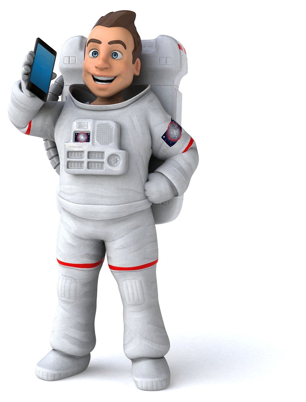 a man in a space suit holding a cell phone, a stock photo, inspired by Scott Listfield, shutterstock, toon render keyshot, florida man, matt white color armor, stock photo