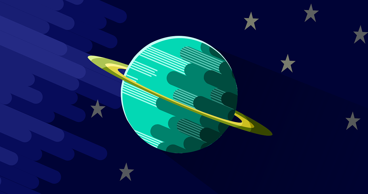 a picture of a planet with a ring around it, an illustration of, inspired by Emiliano Ponzi, shutterstock, dark flat color background, night time with starry sky, cartoon style illustration, neptune