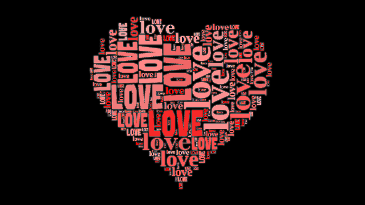 a heart shaped word cloud on a black background, a digital rendering, inspired by Jim Dine, pixabay, 1 6 x 1 6, loverslab, !!beautiful!!, first love
