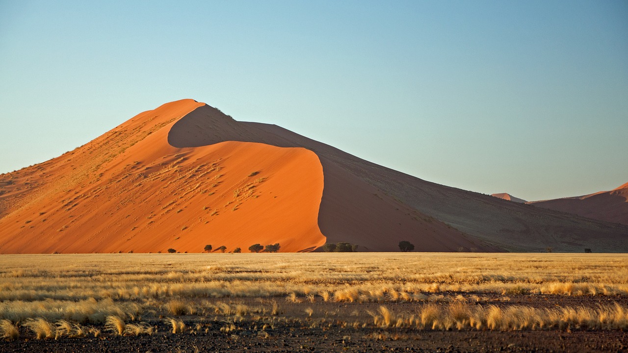 a large sand dune in the middle of a desert, by Peter Churcher, flickr, early morning light, red grass, arc, big