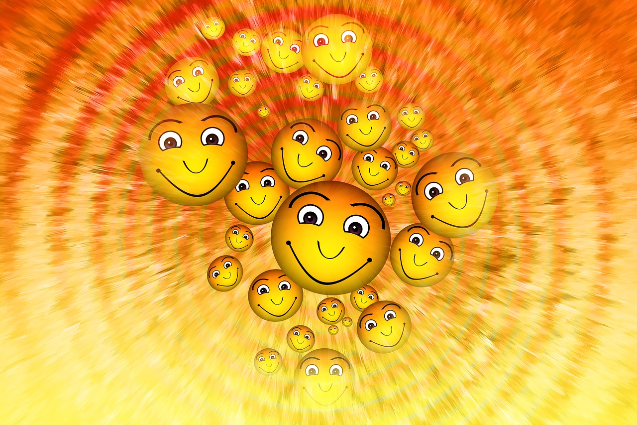 a smiley face surrounded by many smiley faces, digital art, orange spike aura in motion, vacation photo, happy family, background is heavenly