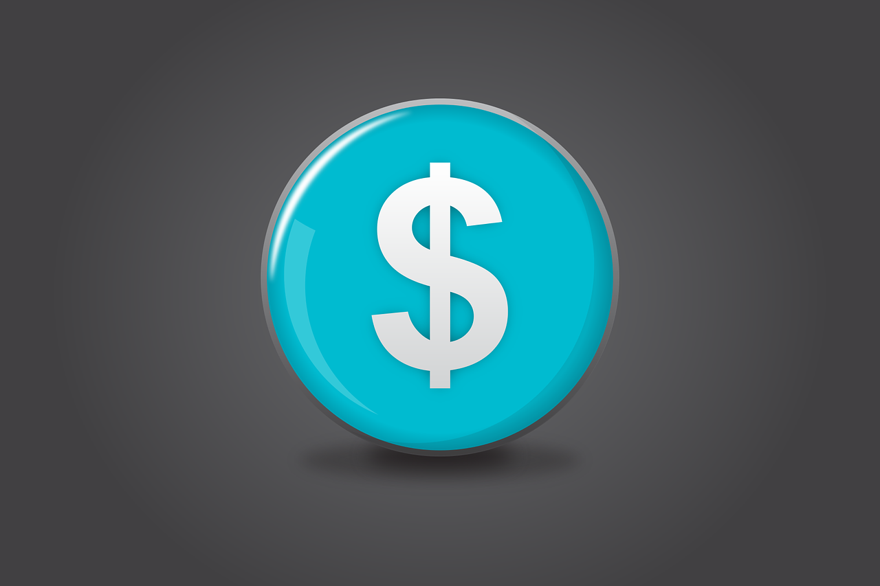 a blue button with a dollar sign on it, a digital rendering, visual art, on a flat color black background, asset on grey background, maya, marketing photo