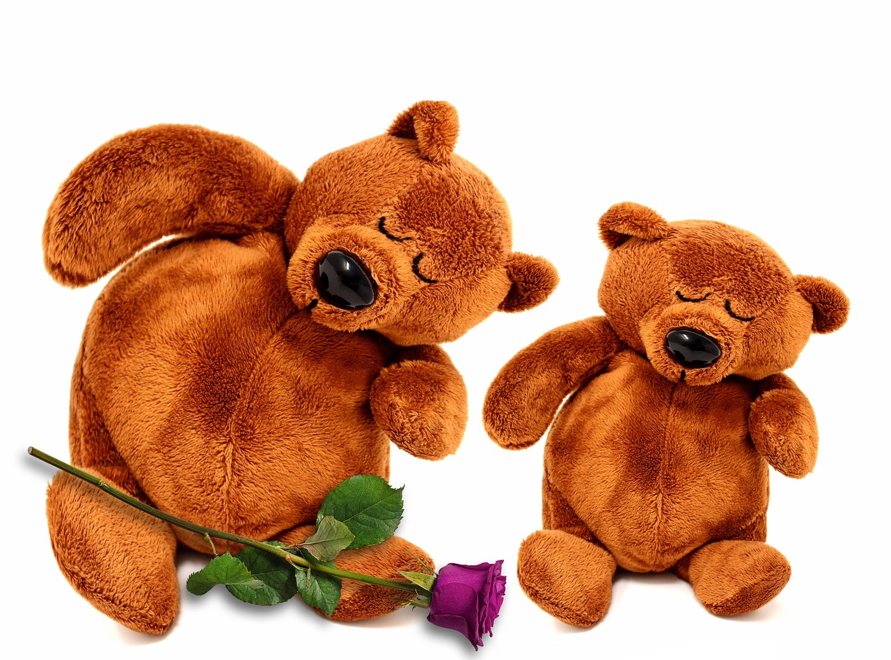 a couple of teddy bears sitting next to each other, a stock photo, romanticism, laying on roses, plain background, very sleepy and shy, caramel