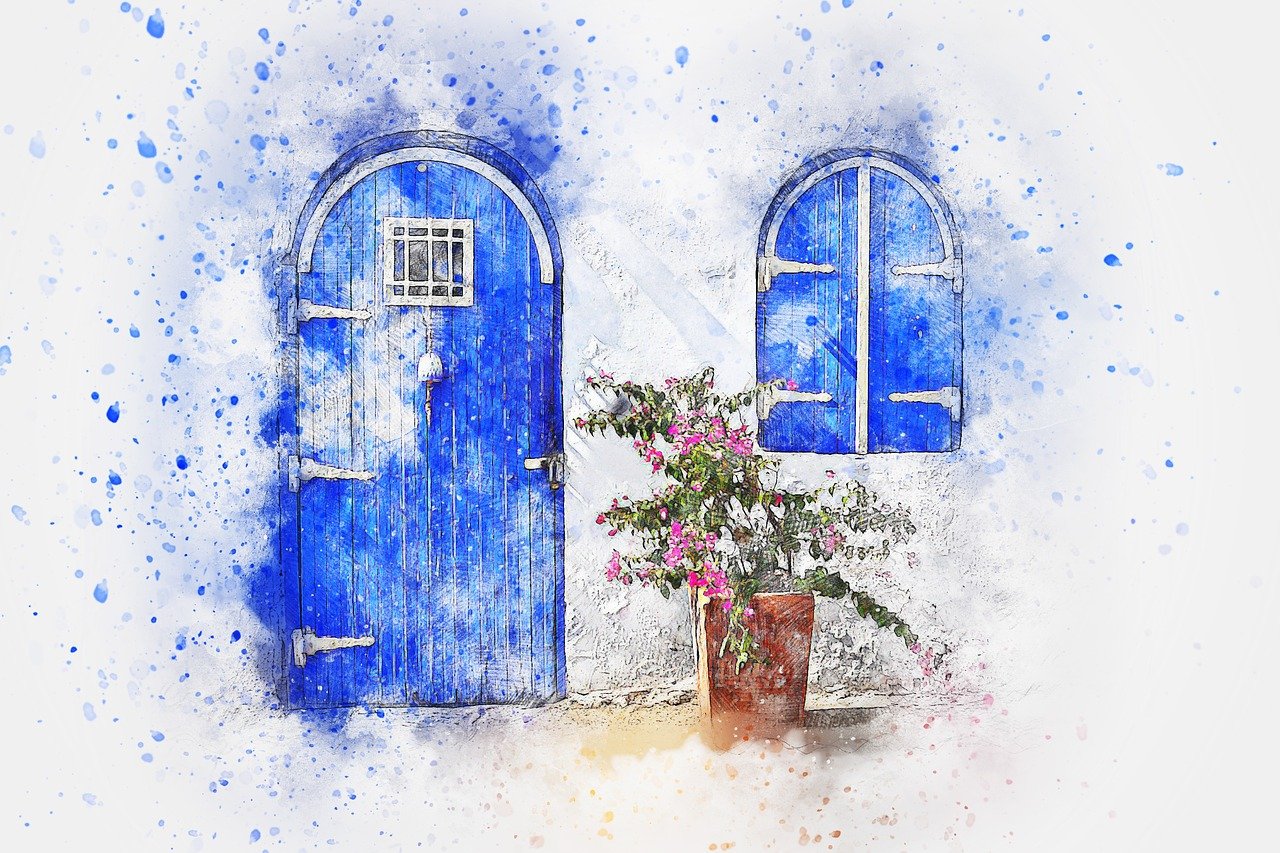 a painting of a potted plant in front of a blue door, a watercolor painting, trending on pixabay, mixed media style illustration, a beautiful artwork illustration, artistic photo, awesome greate composition